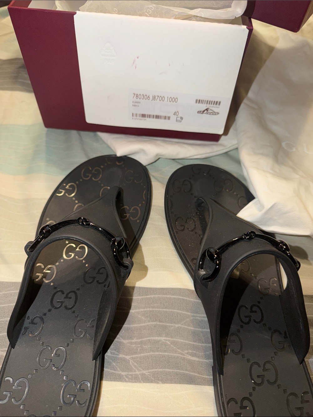 Gucci Black GG Logo Rubber Slide Sandals with Glossy Horsebit Accent